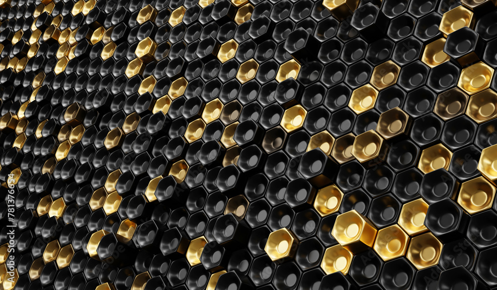 Poster black and gold hexagon abstract array background 3d rendering