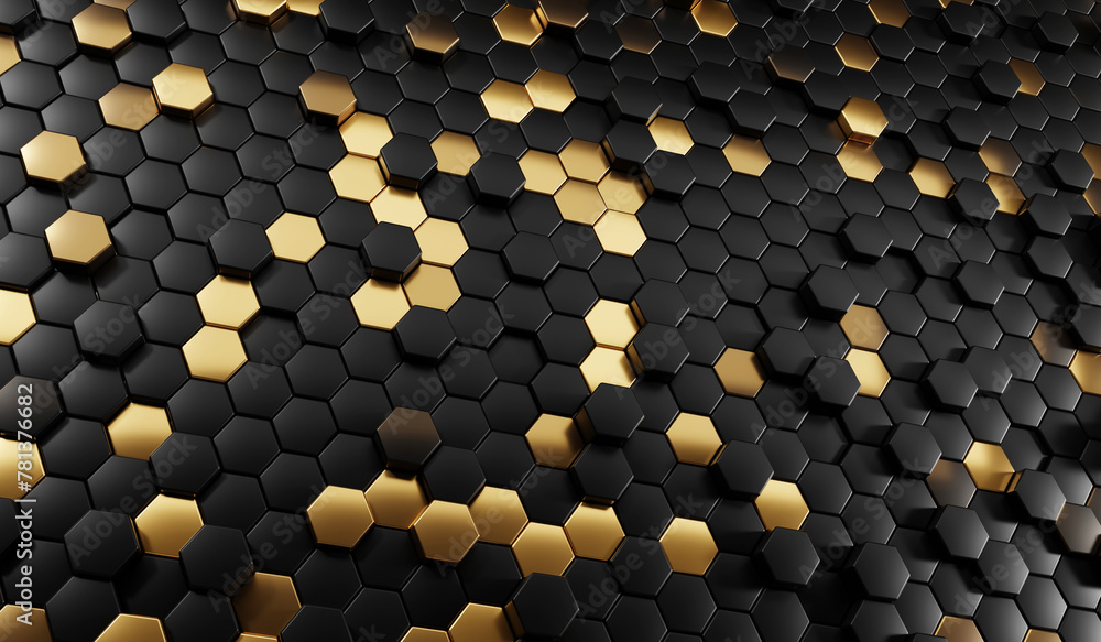 Poster black and gold hexagon abstract array background 3d rendering