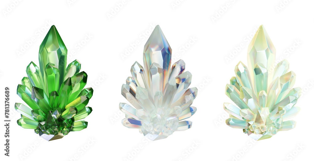 Poster crystal gemstone set isolated background 3d rendering