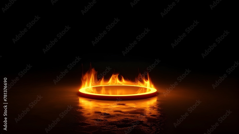 Poster isolated circular fire casting warm,luminous glow with reflected illusion of depth in dark landscape