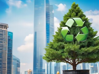 Árbol verde con letrero de reciclaje