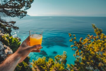 An outstretched hand holds a glass of juice against the background of the sea. Point Of View. Vacation and travel concept - obrazy, fototapety, plakaty