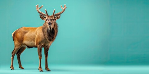 deer standing, isolated on left side of pastel teal background with copy space. - obrazy, fototapety, plakaty