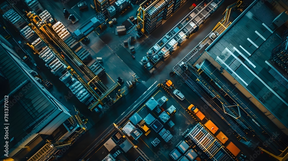Poster expansive aerial view of dynamic food processing factory in full