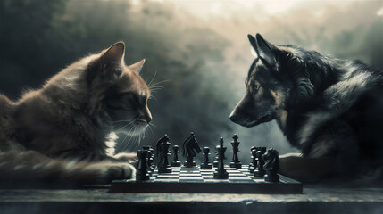 cat vs dog playing chess - obrazy, fototapety, plakaty