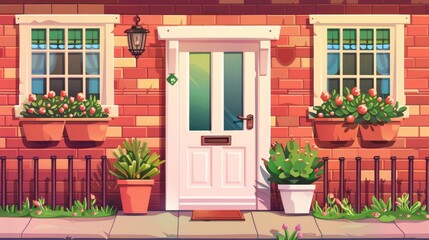 House facade with red brick wall, window, door, and flowers in pots. Modern cartoon illustration showing suburban house exterior with fence and green lawn.