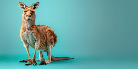 Kangaroo standing, isolated on left side of pastel teal background with copy space.