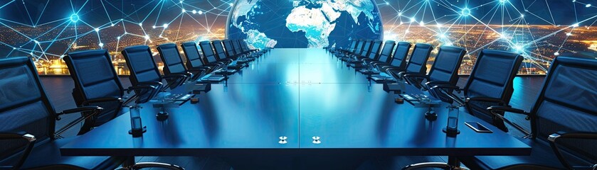 Virtual 3D conference table connecting global business leaders, on a networked earth background.