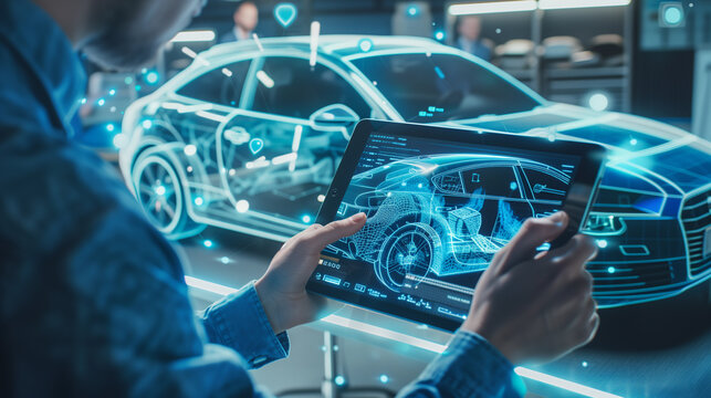 Automotive engineer uses digital tablet with Augmented Reality for Car Design. Futuristic industrial revolution. Generative AI.