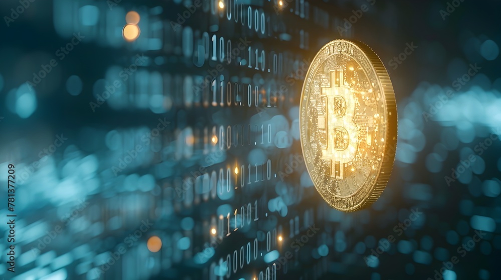 Poster glowing crypto coin floating in code-driven digital currency landscape