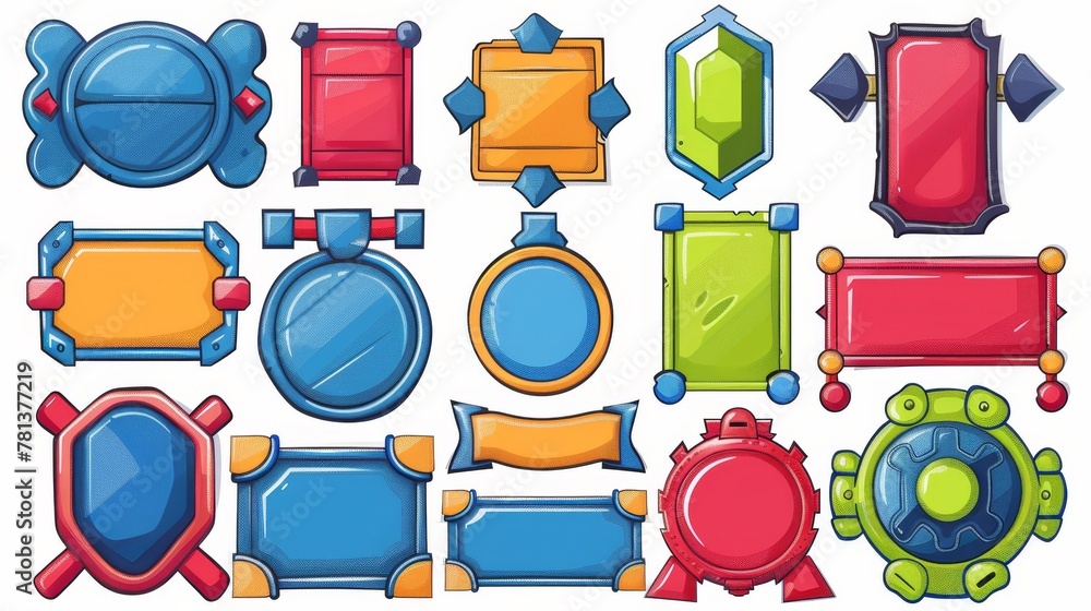 Poster a set of cartoon game frames, bars, and menu buttons. isolated game panel settings, play and pause k