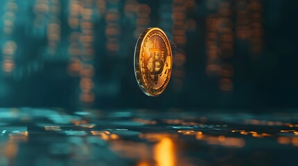 Luminous Crypto Coin Floating Against Backdrop of Blockchain Code - obrazy, fototapety, plakaty