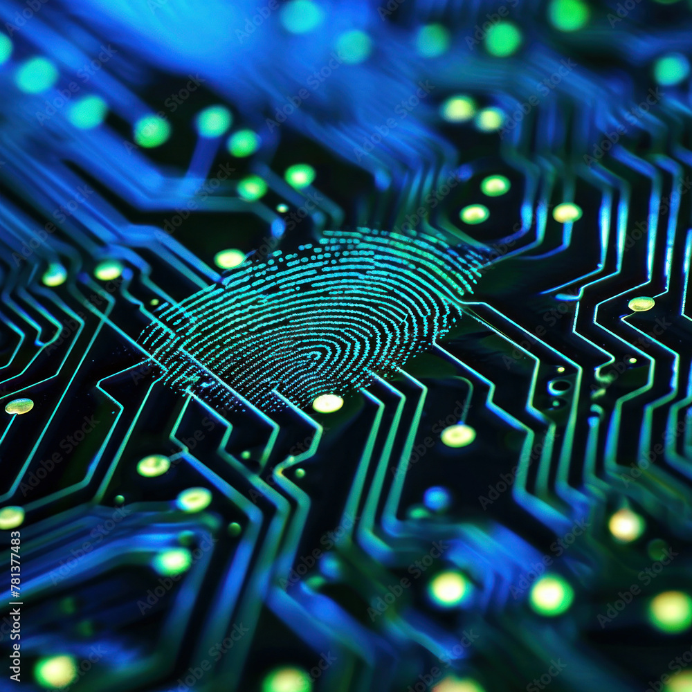 Poster closeup fingerprint scan on electronic circuit board with green light in background