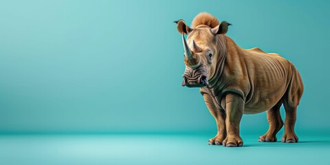 Rhino standing, isolated on left side of pastel teal background with copy space. - obrazy, fototapety, plakaty