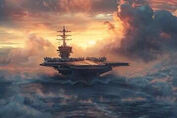 Experience the contrast of war and beauty in a breathtaking scene of an aircraft carrier ship launching jets into a dusky sky, juxtaposing the stark reality of conflict with the serene beauty  - obrazy, fototapety, plakaty