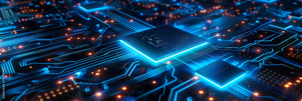 Poster horizontal futuristic electronic circuit and microchips with blue light. privacy technology backgrou