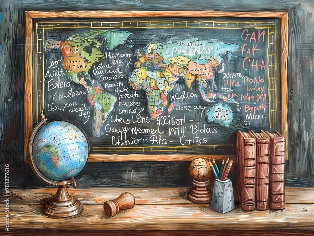 Poster blackboard display of global languages and geographical concepts in educational setting