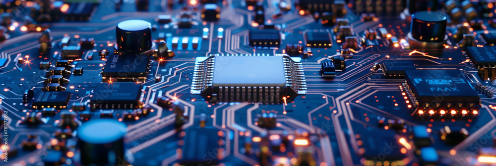 Poster horizontal futuristic electronic circuit and microchips with blue light. privacy technology backgrou