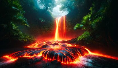 A surreal landscape where a fiery lava waterfall cascades into a river, glowing intensely amidst a lush, misty jungle, blurring the lines between primal heat and verdant life.