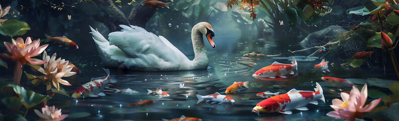 Koi fish swim with a swan in a clear swamp full of water flowers - Powered by Adobe