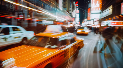 Blurred motion of yellow taxis and pedestrians in a brightly lit city street at night, showcasing the fast-paced urban life with neon signs and advertisements.