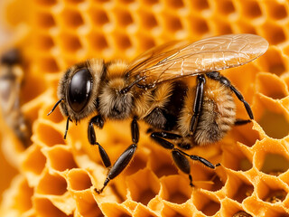 Imagen macro detallada de una abeja recogiendo miel en una colmena. Vista de frente y de cerca. IA Generativa