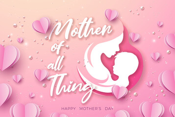 Happy Mother's Day Greeting Card Design with Paper Hearts, Woman Face and Child Silhouette on Pink Background. Vector Mothers Day Illustration for Banner, Postcard, Flyer, Invitation, Brochure, Poster