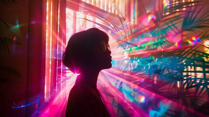 Fototapeta na wymiar Silhouetted woman amidst vibrant, multicolored lights creating a surreal, dreamy atmosphere, accentuated by the intricate patterns of palm leaves and beams of light.