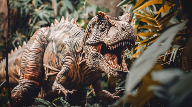 Roaring dinosaur (T-rex) in a lush prehistoric jungle setting. 