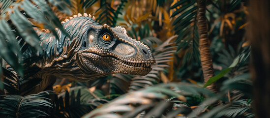 Dinosaur head peeking through lush greenery, detailed texture and design, perfect for educational content and theme park promotions. 