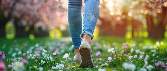 Portrait of a woman leg walking through a flower garden wearing denim pants and sneakers with a big space a spring flower garden, Generative AI. - obrazy, fototapety, plakaty