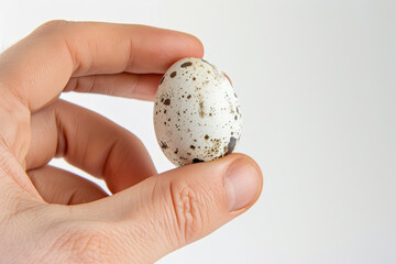 Hand holding quail bird egg isolated on gray, sustainable, food concept