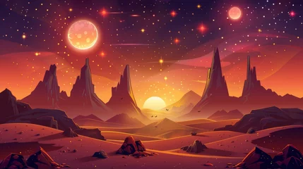 Poster An alien planet landscape at dusk or dawn with mountains, rocks, and the sun shining on the red and orange starry sky. Design for extraterrestrial computer games. © Mark