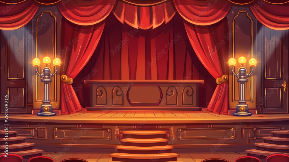 Aufkleber a 2d cartoon theater stage with red curtains and spotlights. two separate layers for a slidescroll a