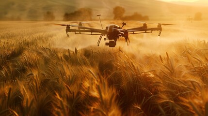 Drone spraying on wheat crop, hyper-realism in the image, daylight - obrazy, fototapety, plakaty
