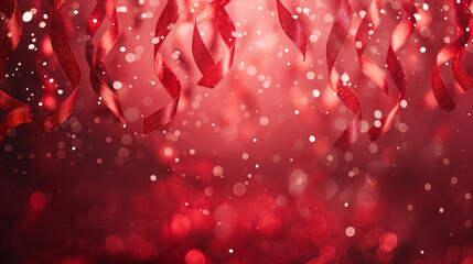 Glittering Red Ribbons and Bokeh for Festive Background