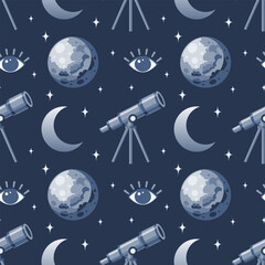 Seamless pattern, telescope, planet and solar eclipse Moon. Background for children, scrapbooking, children's room. Vector © Tatiana