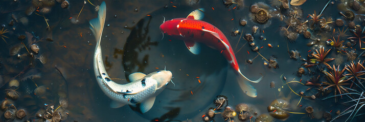 Two red and white koi fish swim in a circle forming a yin and yang symbol, in the photo from above, in a beautiful swamp full of aquatic plants