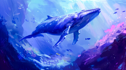 Majestic blue whale gliding gracefully through vibrant underwater flora, illuminated by ethereal light beams. A serene portrayal of marine life’s beauty. - obrazy, fototapety, plakaty