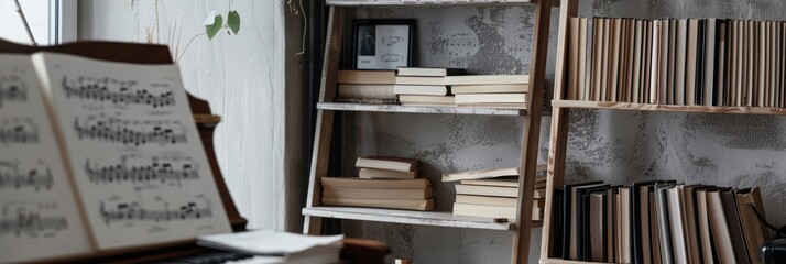 Obraz na płótnie Canvas A minimalist music studio corner featuring a ladder bookshelf with sheet music steps