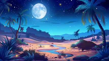 Fototapeta na wymiar A desert oasis under a full moon starry sky. Cartoon landscape river, sand dunes, palm trees and plants, modern parallax background for games. Deserted Sahara nature panoramic 2d scene, illustration.