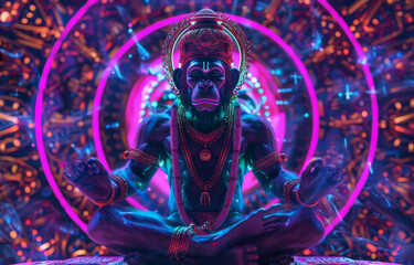 A neon technicolor Hanuman in a meditative pose, surrounded by cosmic energy, blending spirituality with futuristic vibes