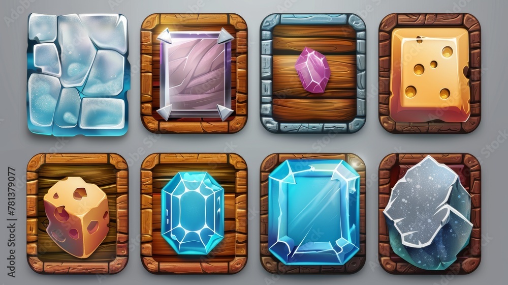 Poster an icon set of game app icons, square buttons and cartoon menus with textured blocks. graphic design