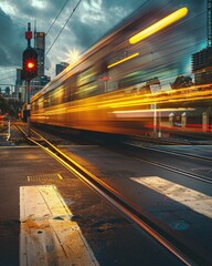 A railway crossing in the city, where the blur of a passing train captures the fleeting nature of urban life - obrazy, fototapety, plakaty