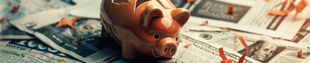A somber image of a broken piggy bank on top of financial newspapers with headlines about market crashes, representing economic downturn - obrazy, fototapety, plakaty