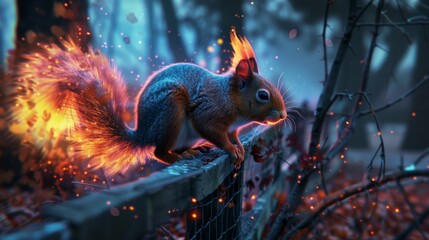 A squirrel with neon fur scampering along farm fences, its bright tail flickering like a beacon in the twilight - obrazy, fototapety, plakaty