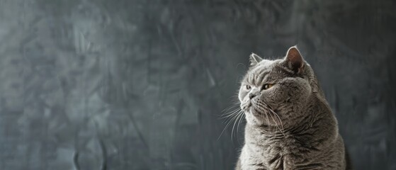 A stoic British Shorthair cat, its gaze fixed and thoughtful, against a cool slate grey backdrop - obrazy, fototapety, plakaty