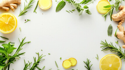 Fresh herbs and spices frame, including sliced ginger, lemon wedges, mint leaves, and rosemary sprigs on a white background; ideal for culinary and health content.