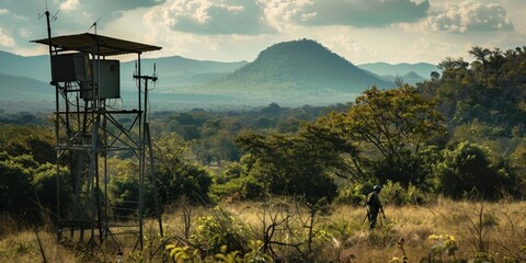 A wildlife reserve with an anti-poaching alarm system, sending signals to rangers when suspicious activity is detected - obrazy, fototapety, plakaty