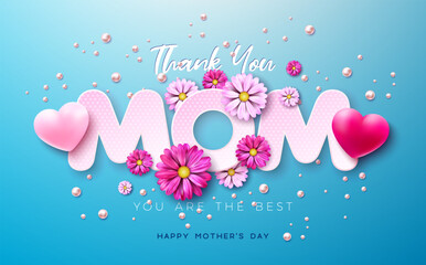 Happy Mother's Day Postcard with Pink Paper Hearts and Thank You Mom Text Label on Blue Background. Vector Celebration Design with Symbol of Love for Greeting Card, Banner, Flyer, Invitation, Brochure